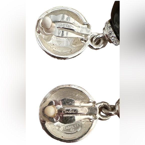 Carol Lee Faux Black Pearl Vintage Silver Tone Clip Earrings - Picture 4 of 6